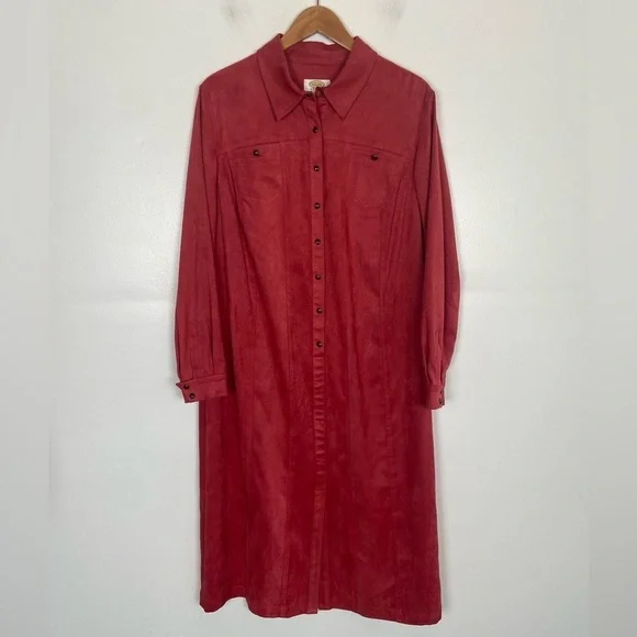 Talbots Dress Size 14W Cherry Pink Long Vintage Faux Suede Stretch Long Sleeve - Picture 2 of 11